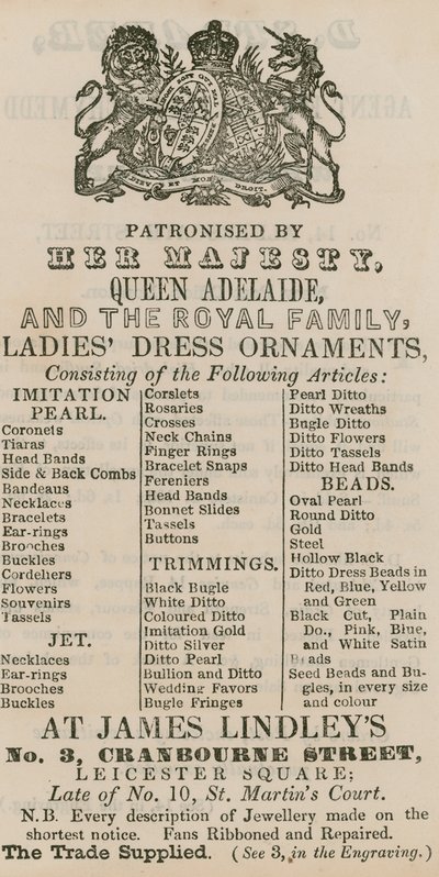 Werbung für James Lindleys, 3 Cranbourne Street, Leicester Square, London von English School