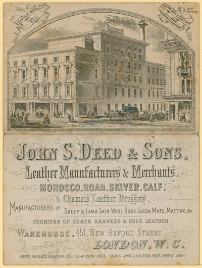 Werbung für John S. Deed & Sons, Lederhersteller und -händler, 451 New Oxford Street, London von English School
