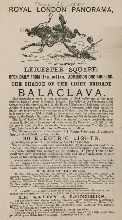 Werbung für The Royal London Panorama mit der Attacke der Leichten Brigade bei Balaclava von English School