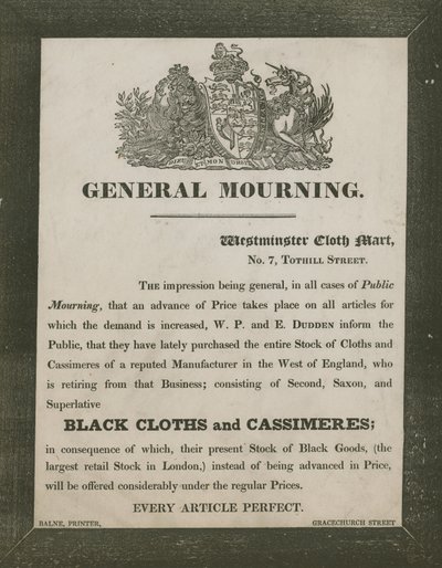 Anzeige für W P und E Dudden, Westminster Cloth Mart, 7 Tothill Street von English School