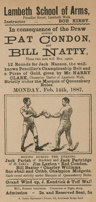 Werbung für einen Boxkampf zwischen Pat Condon und Bill Natty von English School