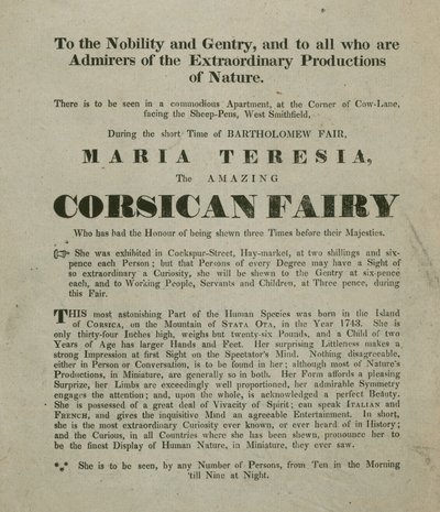 Werbung für einen Auftritt von Madame Maria Teresia, die korsische Fee von English School