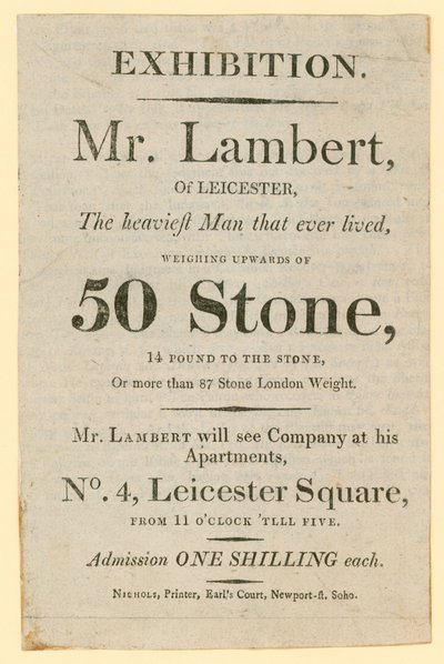 Anzeige für eine Ausstellung mit Herrn Daniel Lambert, der 50 Stein wog von English School