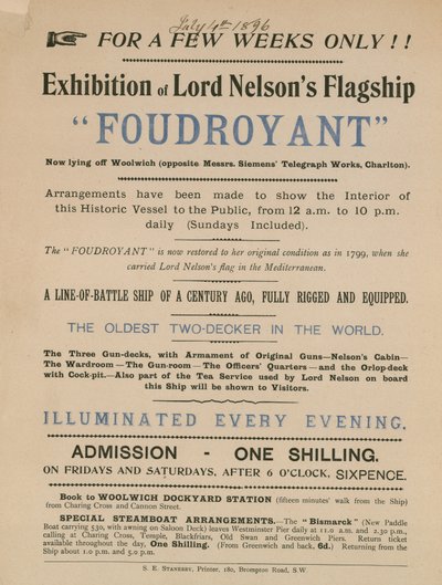 Anzeige für eine Ausstellung des Flaggschiffs Foudroyant von Lord Nelson von English School