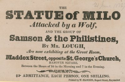Anzeige für eine Ausstellung der Statue von Milo, angegriffen von einem Wolf von English School