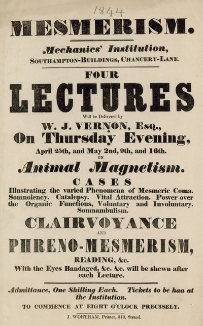 Anzeige für Vorträge über Mesmerismus im Mechanics Institute von English School