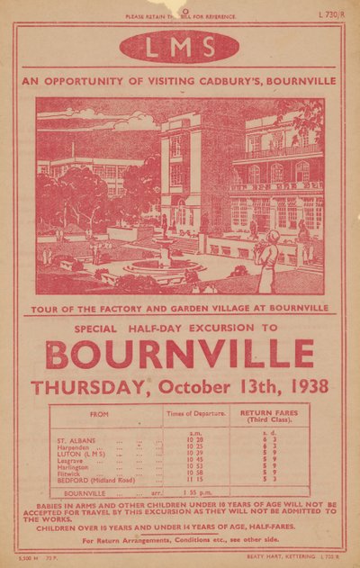 Werbung für Bahnausflug zur Cadburys Fabrik und Gartenstadt in Bournville von English School