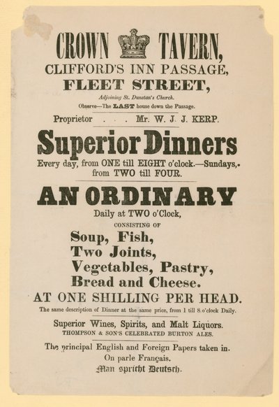 Anzeige für die Crown Tavern, Cliffords Inn Passage, Fleet Street, London von English School