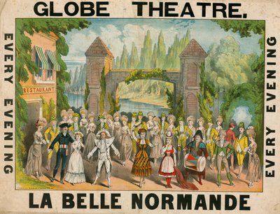 Anzeige für das Globe Theater, London, für La Belle Normande von English School