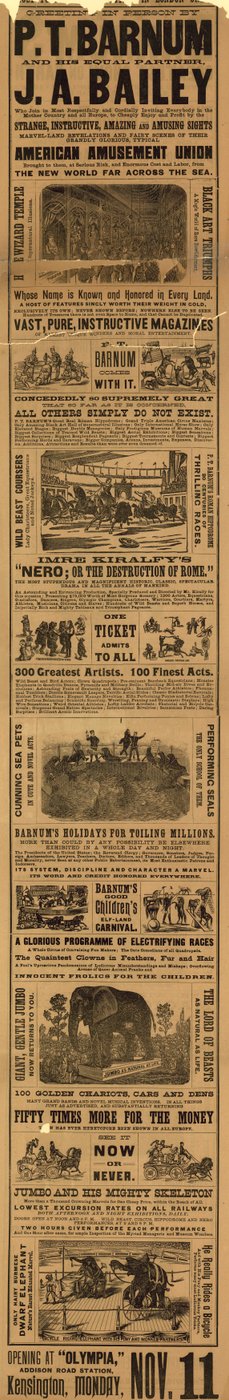 Werbung für den Auftritt von P T Barnum und J A Baileys Show im Olympia von English School