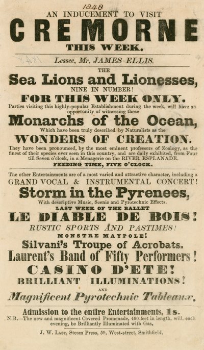 Werbung für das Auftreten von Seelöwen und Löwinnen in den Cremorne Gardens, London im Jahr 1848 von English School