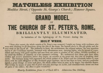 Werbung für die Ausstellung eines Modells der Kirche St. Peter, Rom von English School