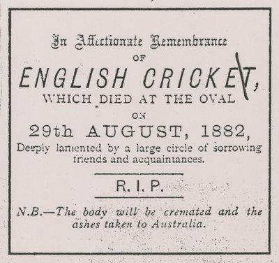 Anzeige aus dem Sporting Times im August 1882, die das Konzept der The Ashes einführte von English School