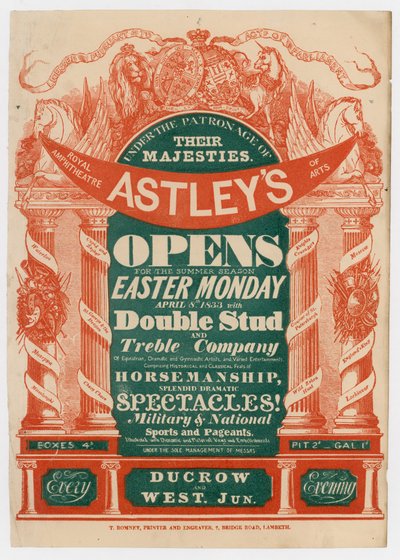 Werbung für Astleys Amphitheater, Eröffnung der Sommersaison, 8. April 1833 von English School