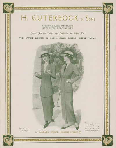 Werbung für H Guterbock & Sons, Damen-Sportbekleidung und Spezialisten für Reitbekleidung von English School