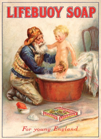 Werbung für Lifebuoy-Seife, zeigt einen Rettungsbootmann, der ein Kind badet von English School