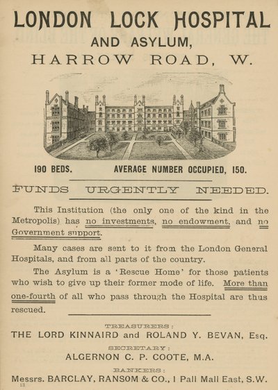 Anzeige für das London Lock Hospital und Asyl, Harrow Road, London von English School