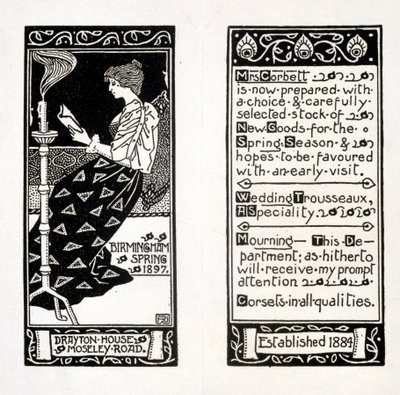 Werbung für Mrs. Corbett im Drayton House, Birmingham, 1897 von English School