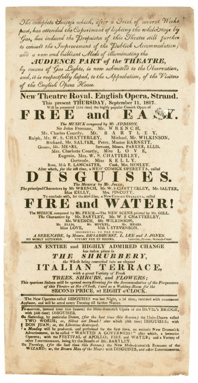 Werbung für das New Theatre Royal, English Opera, Strand, London, für den 11. September 1817, Erwähnung von Gasbeleuchtung von English School