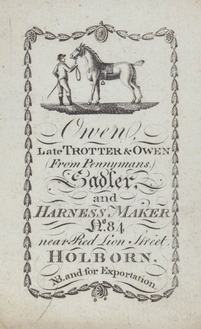 Werbung für Owen, Sattler und Geschirrhersteller, London von English School