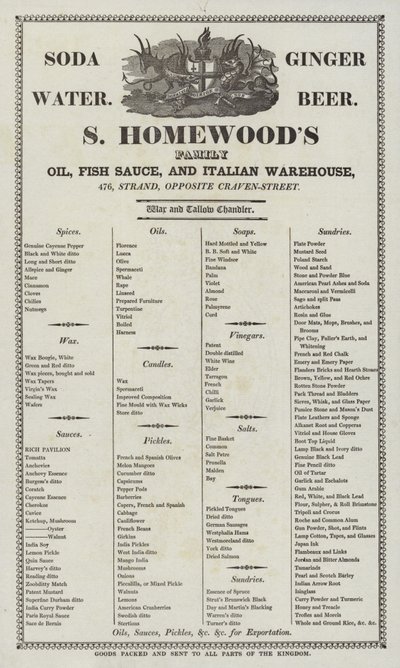 Werbung für S. Homewoods Öl, Fischsauce und italienisches Lagerhaus von English School