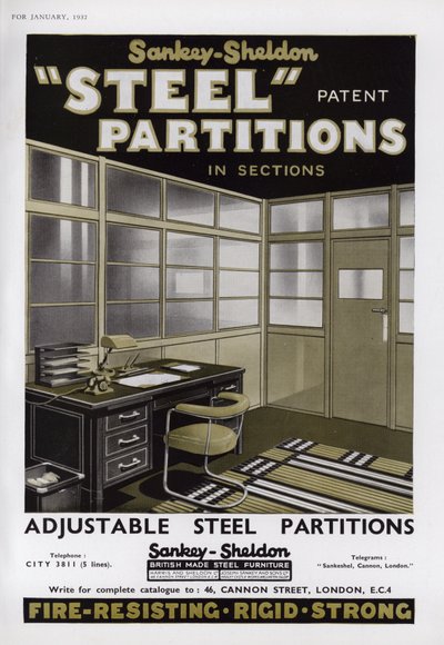 Werbung für Sankey-Sheldon Stahltrennwände, 1937 von English School