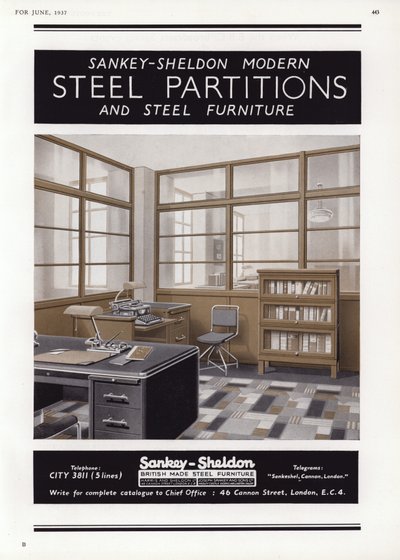 Werbung für Sankey-Sheldon Stahltrennwände, 1937 von English School