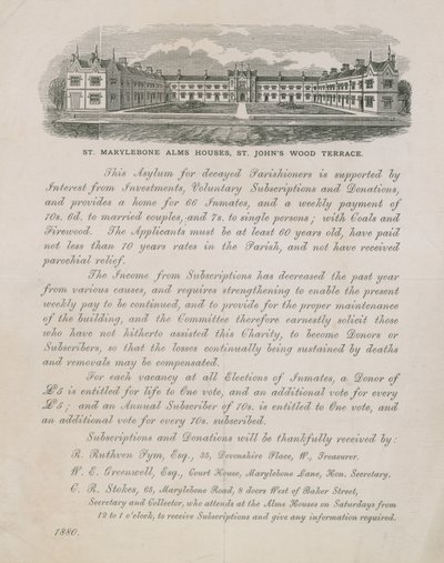 Anzeige für St Marylebone Armenhäuser von English School