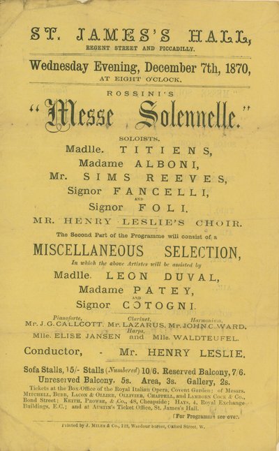 Werbung für eine Aufführung von Rossinis Messe Solennelle von English School