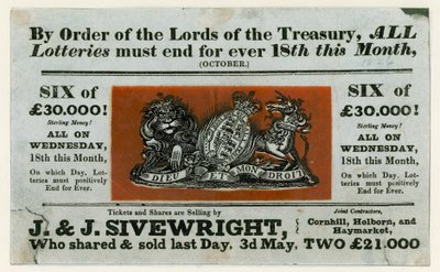 Werbung für die letzte Lotterie, 1826 von English School
