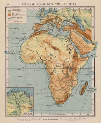 Afrika, physische Karte, das Nildelta von English School