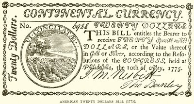 Amerikanischer Zwanzig-Dollar-Schein (1775) von English School