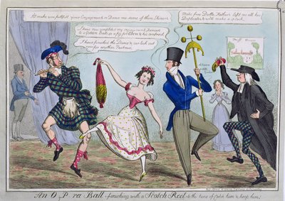 Ein O.P.ra Ball, endet mit einem schottischen Reel zum Lied Catch Him and Keep Him, veröffentlicht von S.W. Fores, 1823 (farbige Radierung) von English School