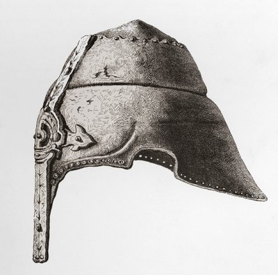 Ein früher Nasenhelm aus dem 12. Jahrhundert, aus Die britische Armee: Ihre Ursprünge, Fortschritte und Ausrüstung, veröffentlicht 1868. von English School