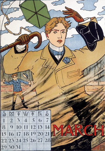 Ein eleganter Mann kämpft mit dem Wind - Englisches Kalenderbild, März, Ende des 19. Jahrhunderts von English School