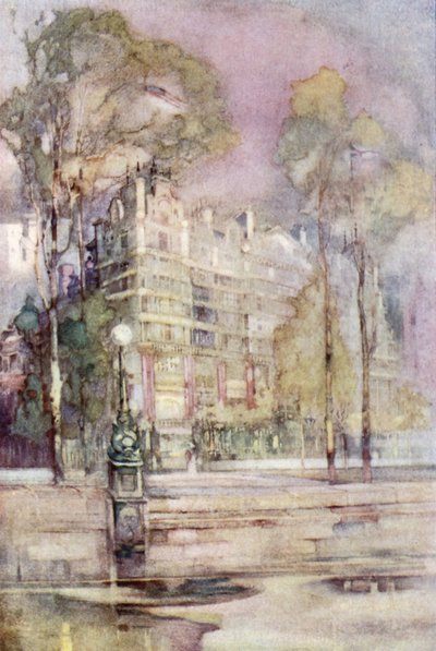 Eine impressionistische Ansicht der Flussfront des Savoy Hotels (Farblithografie) von English School