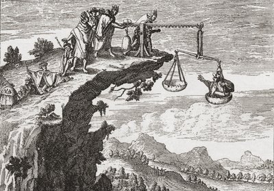 Eine ungewöhnliche Methode, Geständnisse von Kriminellen zu erpressen, nach einer Zeichnung von Theodorus de Bry aus dem 16. Jahrhundert von English School