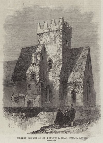 Alte Kirche von St. Doulough, nahe Dublin, kürzlich restauriert (Stich) von English School