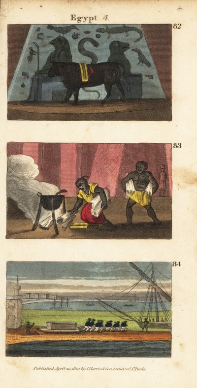 Antike ägyptische Götzenfigur Osiris als Ochse, Omar der Sarazene verbrennt die Bibliothek von Ptolemaios Soter im Jahr 642 und Napoleons Truppen bringen das Grab Alexanders weg von English School