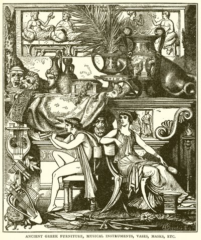 Antike griechische Möbel, Musikinstrumente, Vasen, Masken usw. (Stich) von English School