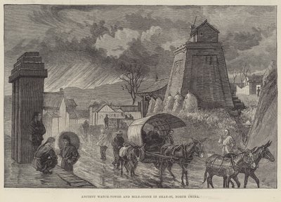 Alte Wachturm und Meilenstein in Shan-si, Nordchina (Gravur) von English School