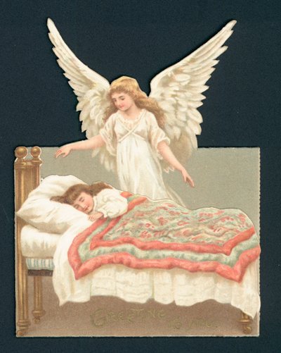 Engel wacht über schlafendes Mädchen im Bett, viktorianischer Ausschnitt von English School