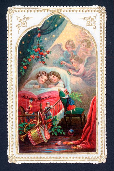 Engel wachen über Kinder im Bett, Weihnachtskarte von English School