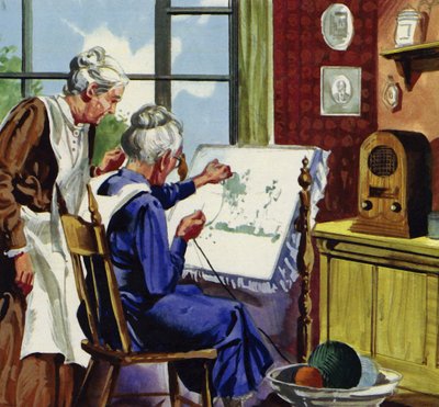 Anna Moses begann, Bilder mit bunt gefärbter Wolle zu nähen von English School