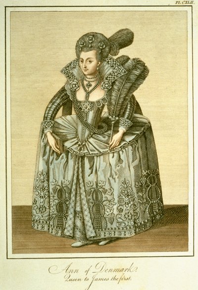 Anne von Dänemark (1574-1619) Ehefrau von James I., Illustration aus The Complete View of the Dress and Habits of the People of England Volume II, veröffentlicht 1799 von English School