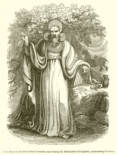 Erz-Druide in voller richterlicher Tracht, das Brustschild des Urteils tragend, verkündet das Urteil von English School