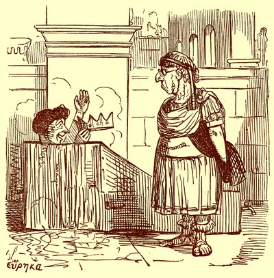 Archimedes nimmt ein warmes Bad, Illustration aus Die komische Geschichte Roms von Gilbert Abbott a Beckett, veröffentlicht um 1850 von English School