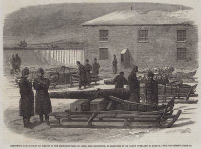 Armstrong-Kanonen auf Schlitten im Ordnance-Yard, St. John, New Brunswick, bereit zur Überlandfahrt nach Kanada von English School