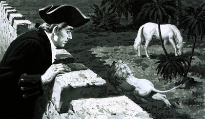 Der Künstler George Stubbs beobachtete, wie ein Löwe sich einem Berberpferd näherte von English School