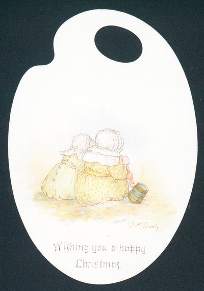 Künstlerpalette, Mädchen sitzen am Strand, Weihnachtskarte von English School